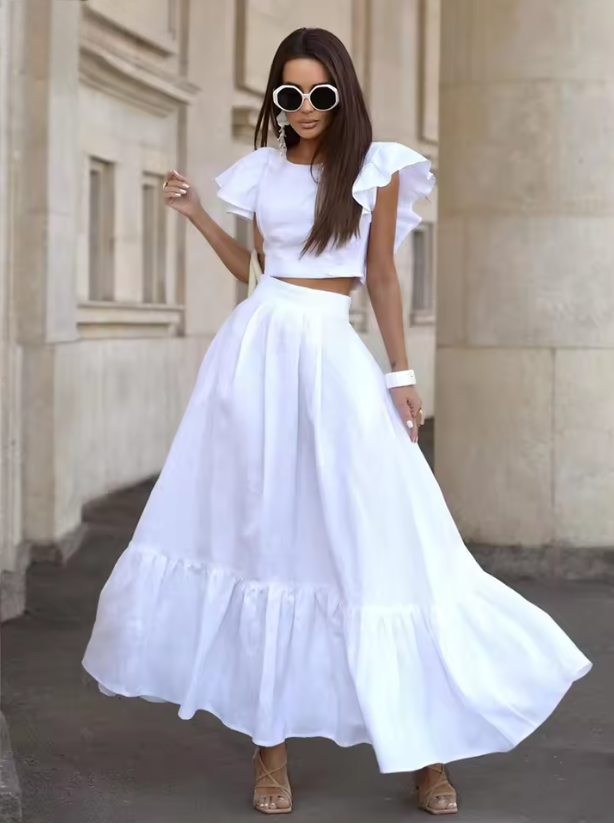 Two-Piece Set with Ruffled Short-Sleeve Crop Top and High-Waisted Solid Color Maxi Skirt