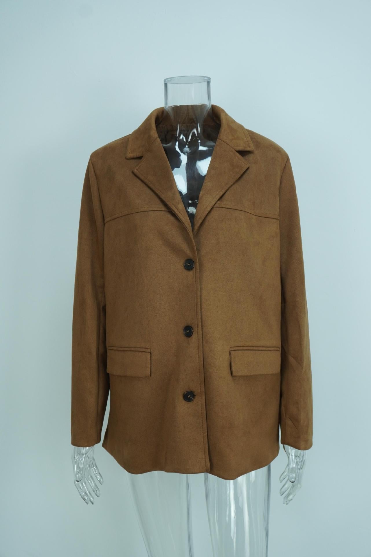 Vintage Style Loose Suede Long-Sleeve Blazer with Pockets for Women