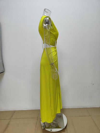 Cut-Out Knot V-Neck Sleeveless Pleated Asymmetrical Slit Dress