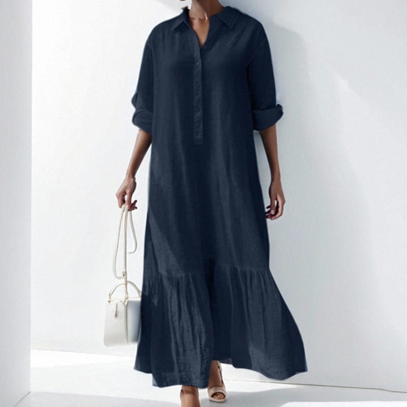 Asymmetrical Shirt Collar Button-Up Casual Long Sleeve Dress